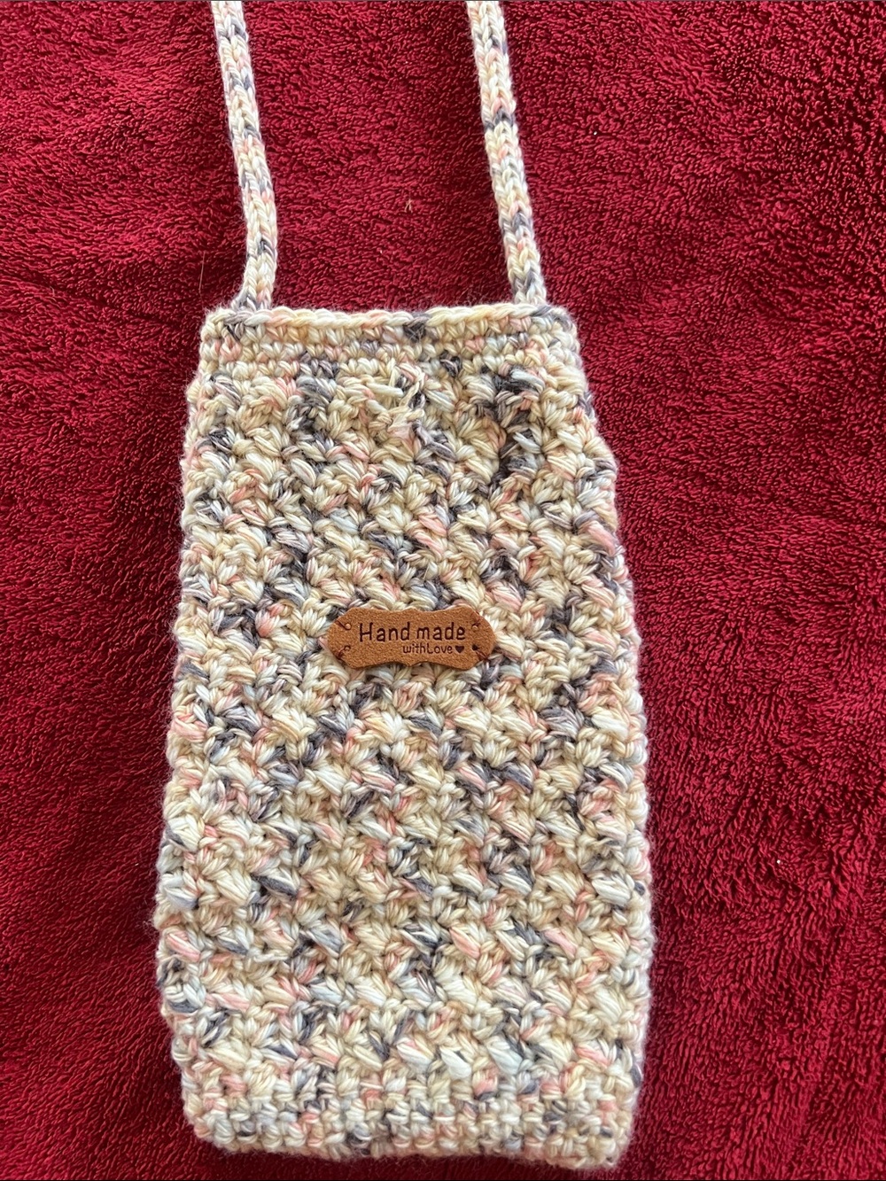 Handmade Crocheted Cell Phone Sling Bag - Cream with Pink & Gray Speckles